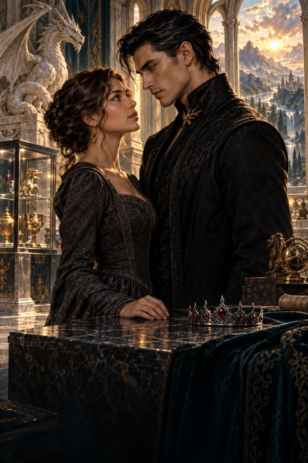 Two characters in a gilded gallery